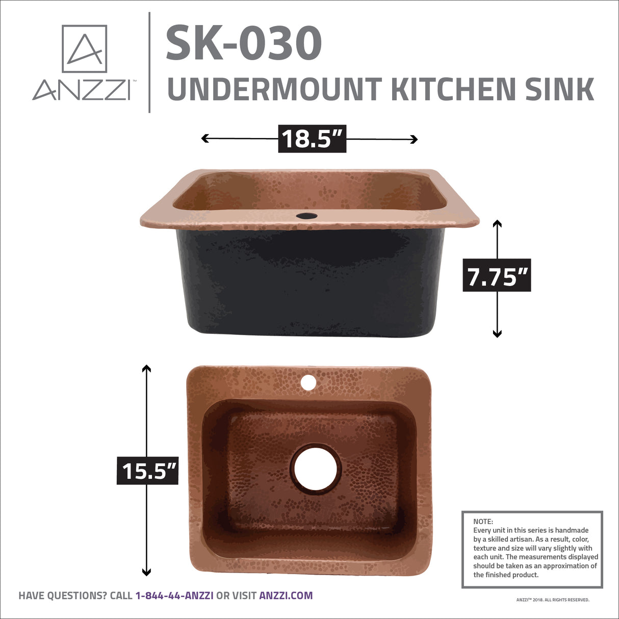 ANZZI SK-030 Manisa Drop-in Handmade Copper 18 in. 1-Hole Single Bowl Kitchen Sink in Hammered Antique Copper
