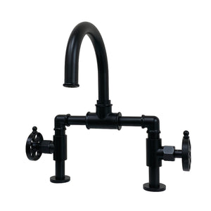 Kingston Brass KS2170RX Belknap Industrial Style Wheel Handle Bridge Bathroom Faucet with Pop-Up Drain, Matte Black