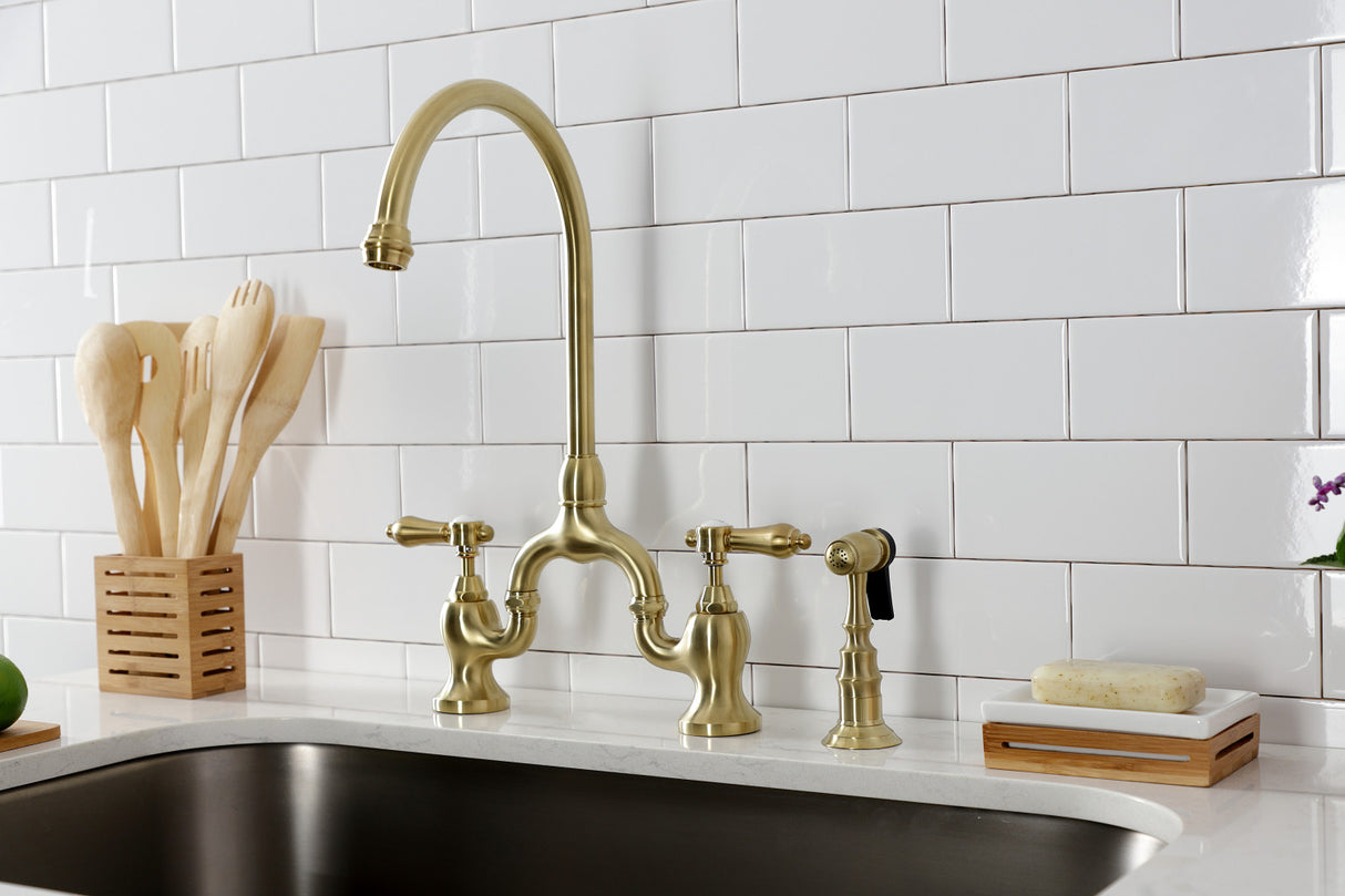 Kingston Brass KS7797BALBS Heirloom Bridge Kitchen Faucet with Brass Sprayer, Brushed Brass