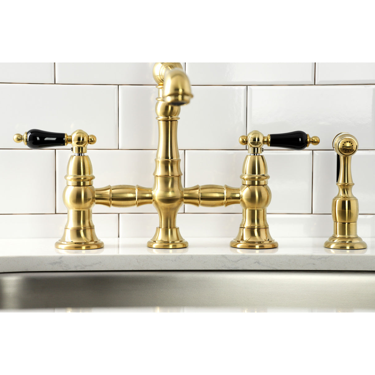Kingston Brass KS7277PKLBS Duchess Bridge Kitchen Faucet with Brass Sprayer, Brushed Brass