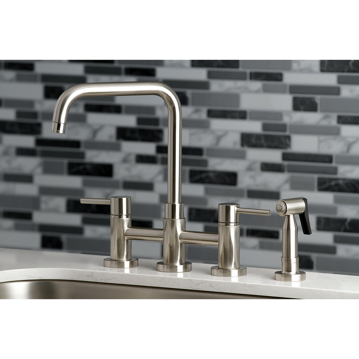 Kingston Brass KS8288DLBS Concord Bridge Kitchen Faucet with Brass Sprayer, Brushed Nickel