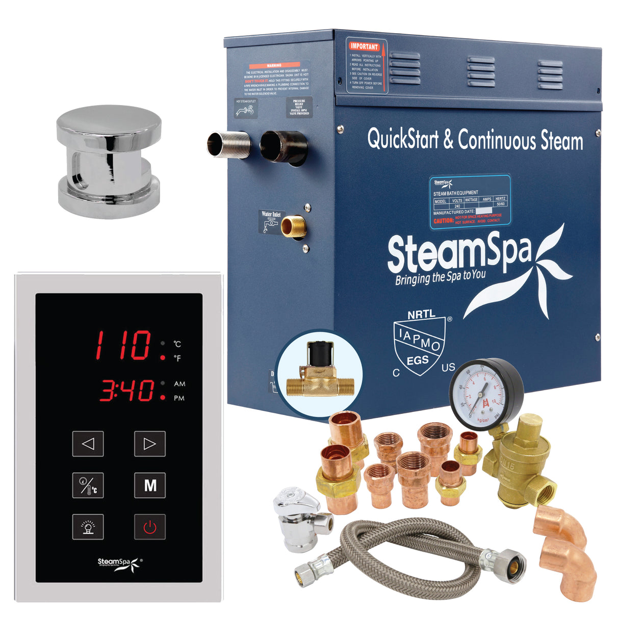 SteamSpa Premium 4.5 KW QuickStart Acu-Steam Bath Generator Package with Built-in Auto Drain in Polished Chrome PRT450CH-A