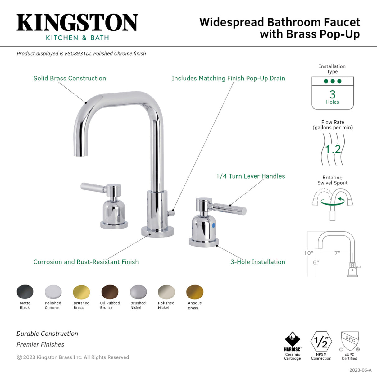 Kingston Brass FSC8933DL Concord Widespread Bathroom Faucet with Brass Pop-Up, Brushed Brass