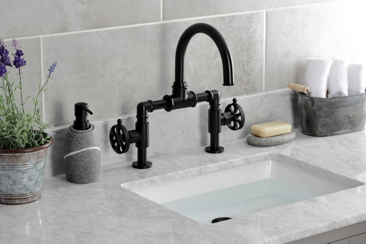 Kingston Brass KS2170RX Belknap Industrial Style Wheel Handle Bridge Bathroom Faucet with Pop-Up Drain, Matte Black