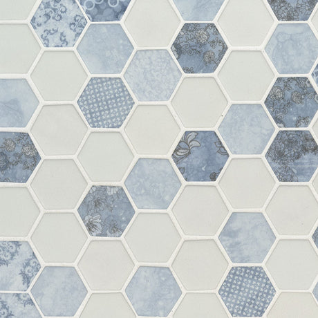 Vista azul hexagon 11.02X12.76 glass mesh mounted mosaic tile SMOT GLS VISAZU6MM product shot multiple tiles angle view