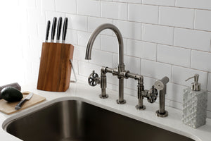 Kingston Brass KS2334RX Belknap Industrial Style Bridge Kitchen Faucet with Brass Sprayer, Black Stainless