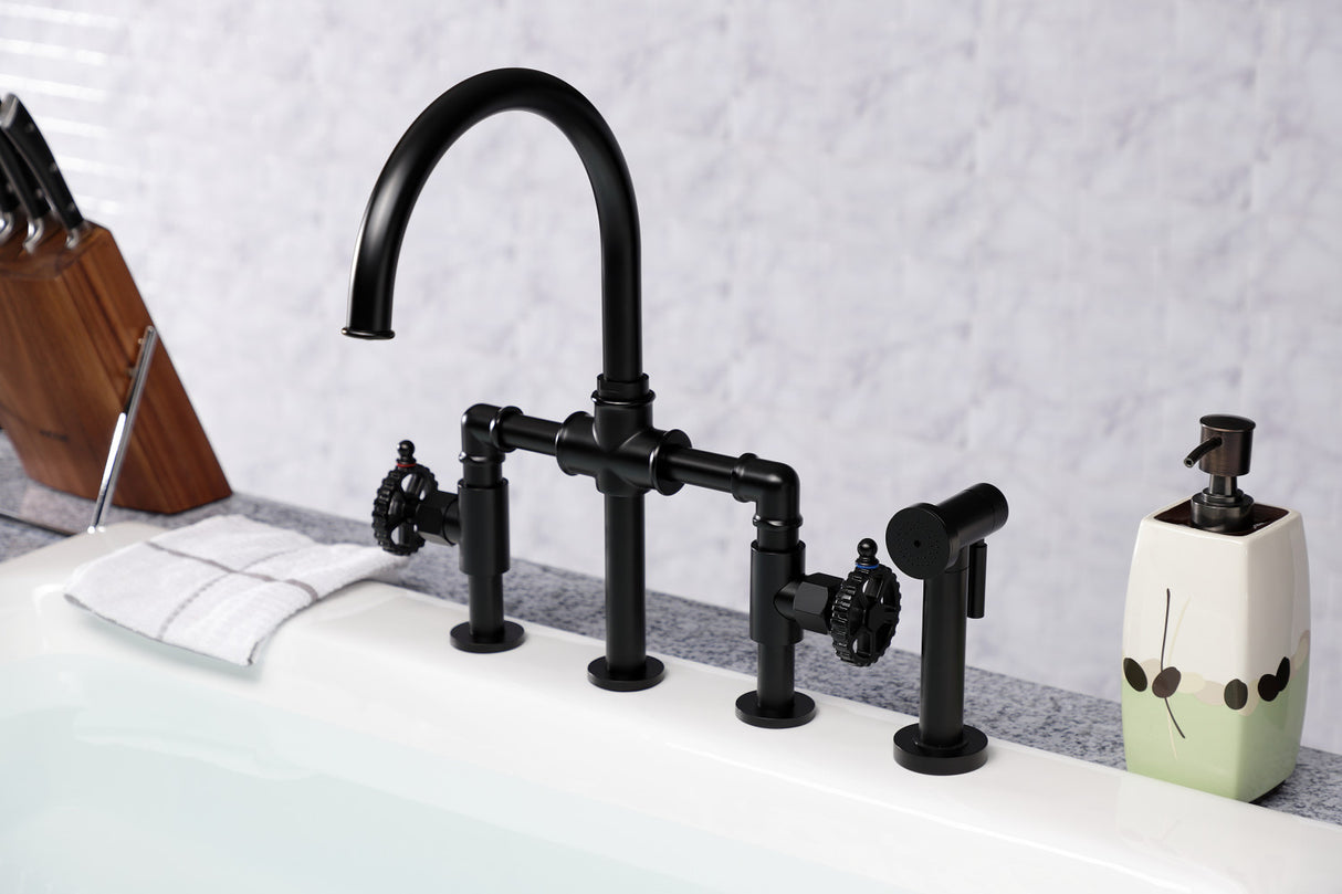 Kingston Brass KS2330CG Fuller Industrial Style Bridge Kitchen Faucet with Brass Sprayer, Matte Black