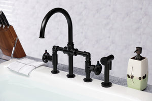 Kingston Brass KS2330CG Fuller Industrial Style Bridge Kitchen Faucet with Brass Sprayer, Matte Black