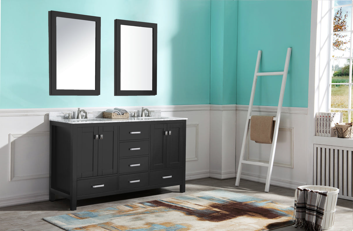 ANZZI VT-MRCT0060-BK Chateau 60 in. W x 22 in. D Bathroom Vanity Set in Black with Carrara Marble Top with White Sink