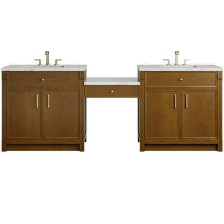 Bellshire 96" Dual Vanity Set with 24" Make-Up Counter, Honey Oak w/3 cm Ethereal Noctis Silestone Top