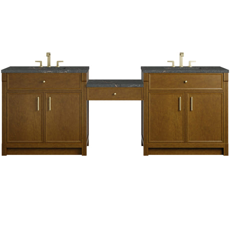 Bellshire 96" Dual Vanity Set with 24" Make-Up Counter, Honey Oak w/3 cm Parisien Bleu Silestone Top