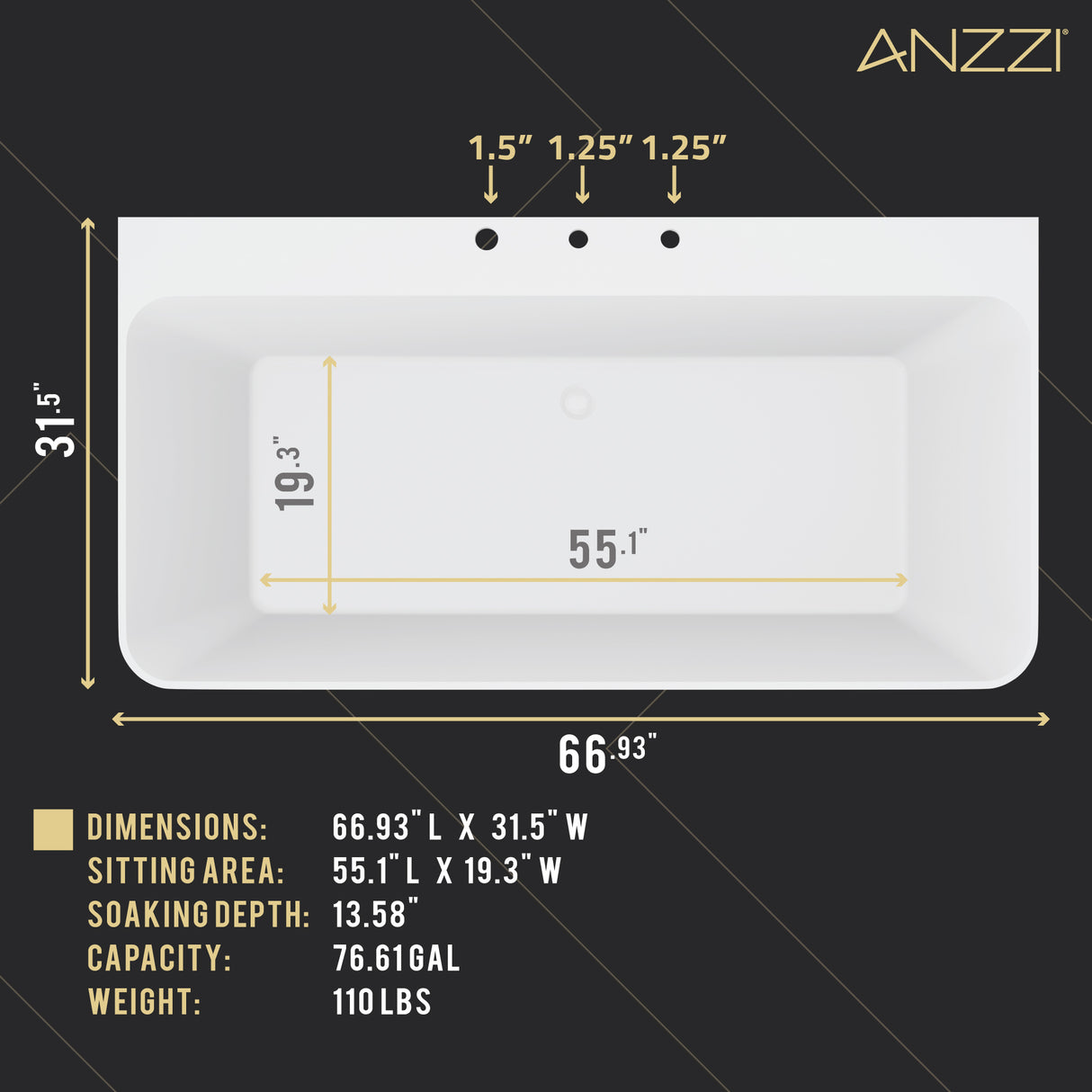 ANZZI FT-AZ114-67 VAULT 67 in. Acrylic Flatbottom Freestanding Bathtub in White with Pre-Drilled Deck Mount