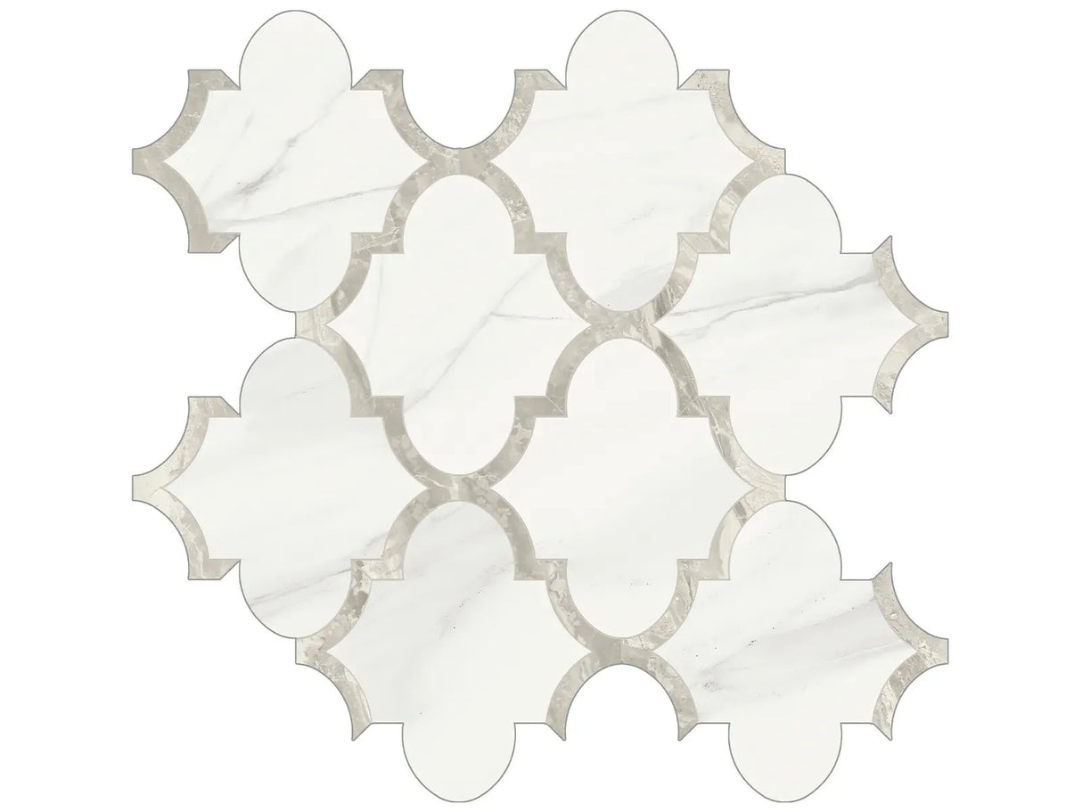 Anatolia Tile Mayfair Volakas Grigio Arabesque Polished Porcelain Mosaics. 1 Sheet = .97 Sq. Ft. 4501-0134-1 Volakas Grigio Arabesque - premium natural stone mosaic tile from Anatolia Tile, available at PoshHaus showroom in Keene, NH