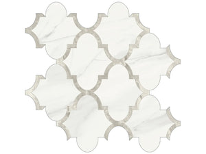 Anatolia Tile Mayfair Volakas Grigio Arabesque Polished Porcelain Mosaics. 1 Sheet = .97 Sq. Ft. 4501-0134-1 Volakas Grigio Arabesque - premium natural stone mosaic tile from Anatolia Tile, available at PoshHaus showroom in Keene, NH