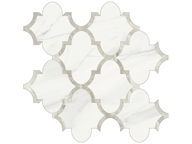 Anatolia Tile Mayfair Volakas Grigio Arabesque Polished Porcelain Mosaics. 1 Sheet = .97 Sq. Ft. 4501-0134-1 Volakas Grigio Arabesque - premium natural stone mosaic tile from Anatolia Tile, available at PoshHaus showroom in Keene, NH