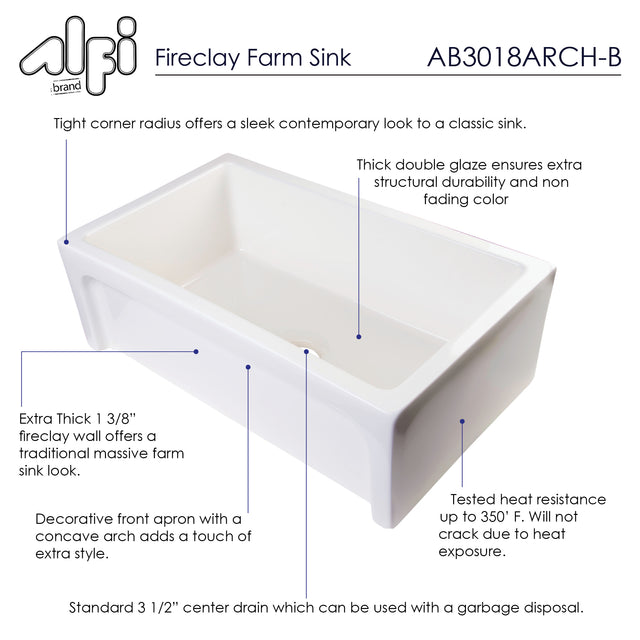 ALFI brand AB3018ARCH-B  30" Biscuit Arched Apron Thick Wall Fireclay Single Bowl Farm Sink