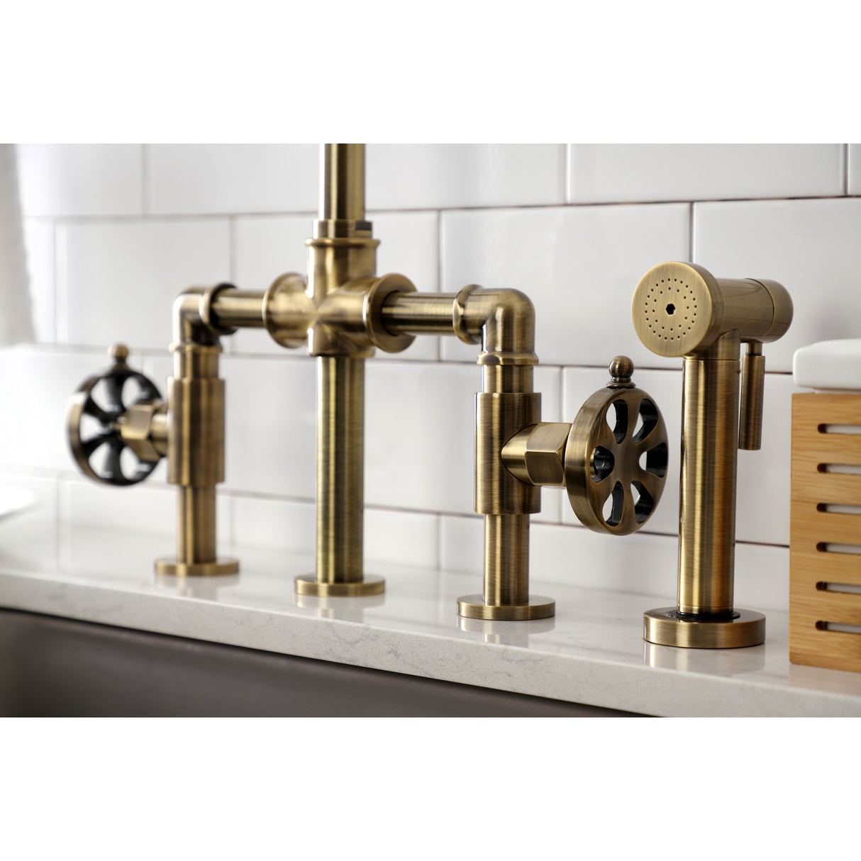Kingston Brass KS2333RX Belknap Industrial Style Bridge Kitchen Faucet with Brass Sprayer, Antique Brass