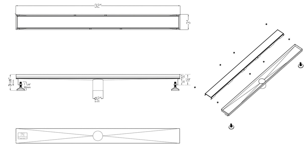 32" Black Matte Stainless Steel Linear Shower Drain with Solid Cover