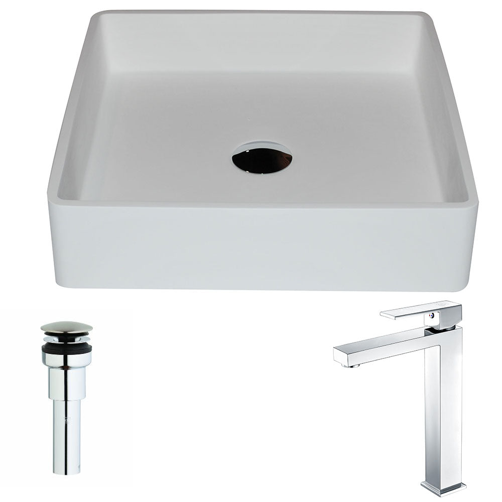 ANZZI LSAZ602-096 Passage Series 1-Piece Solid Surface Vessel Sink in Matte White with Enti Faucet in Polished Chrome