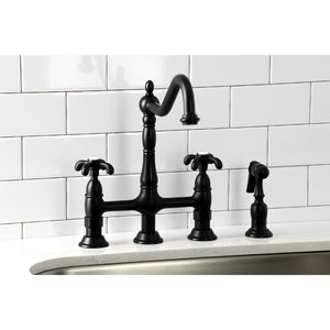 Kingston Brass KS1270TXBS French Country Bridge Kitchen Faucet with Brass Sprayer, Matte Black