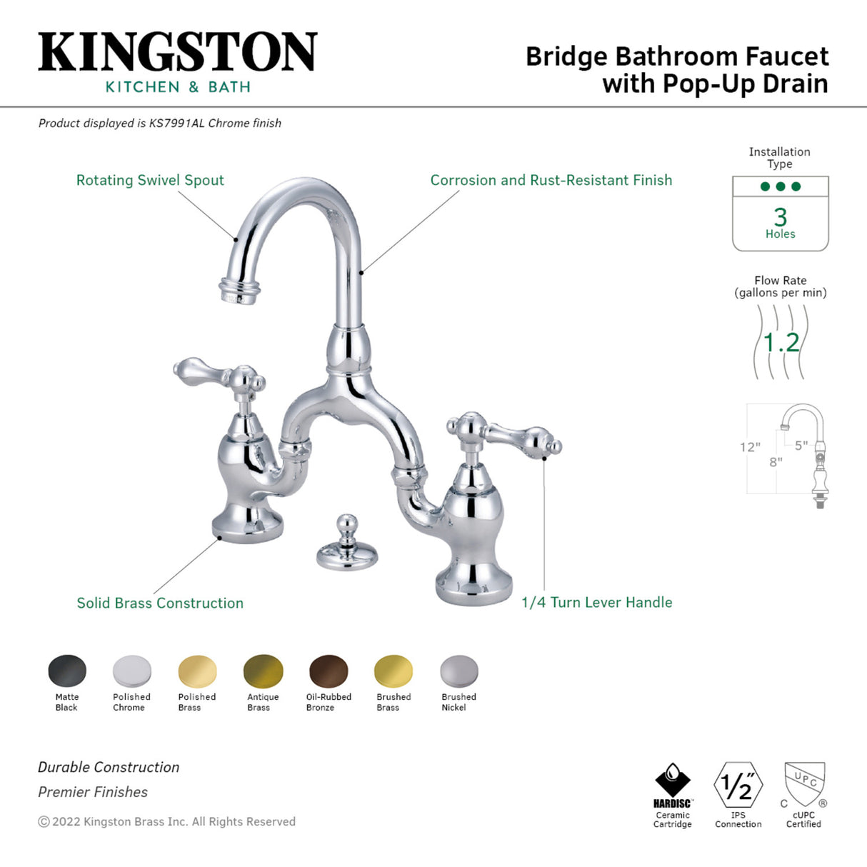 Kingston Brass KS7995AL English Country Bridge Bathroom Faucet with Brass Pop-Up, Oil Rubbed Bronze