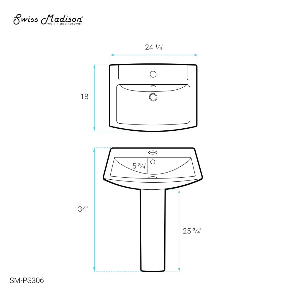 Sublime Pedestal Bathroom Sink Square Single Faucet Hole