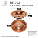 ANZZI BS-002 Seyhan 19 in. Handmade Drop-in Oval Bathroom Sink in Hammered Copper