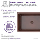 ANZZI SK-012 Anatolian Farmhouse Handmade Copper 33 in. 0-Hole Single Bowl Kitchen Sink with Sunflower Design Panel in Polished Antique Copper