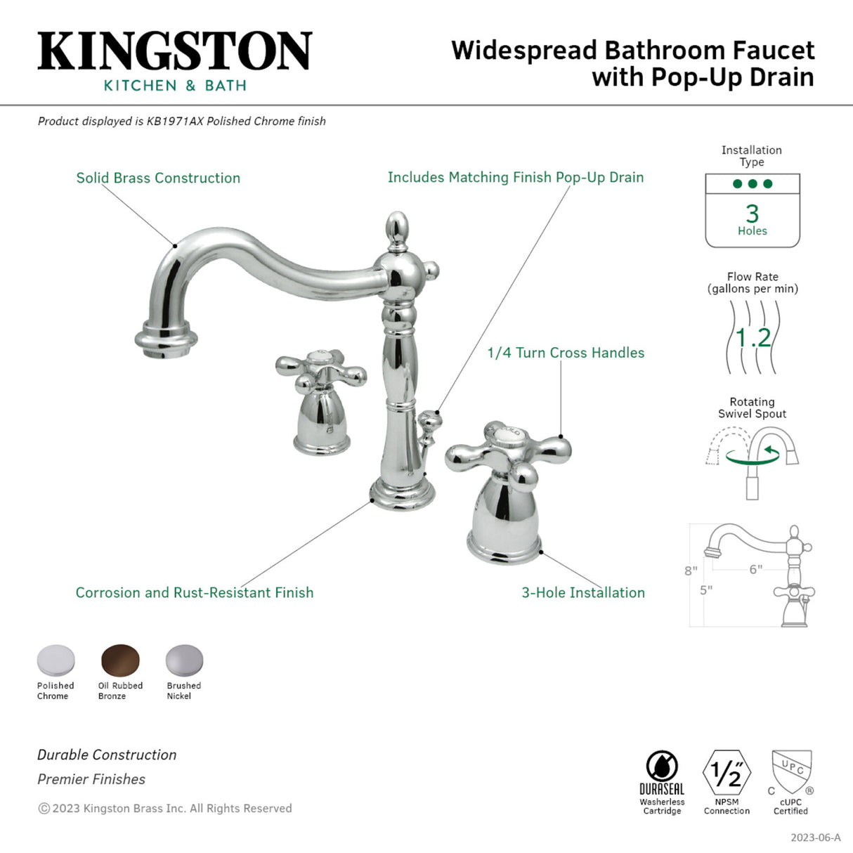 Kingston Brass KB1975AX Heritage Widespread Bathroom Faucet with Plastic Pop-Up, Oil Rubbed Bronze