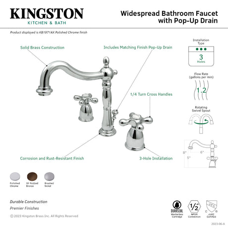 Kingston Brass KB1975AX Heritage Widespread Bathroom Faucet with Plastic Pop-Up, Oil Rubbed Bronze