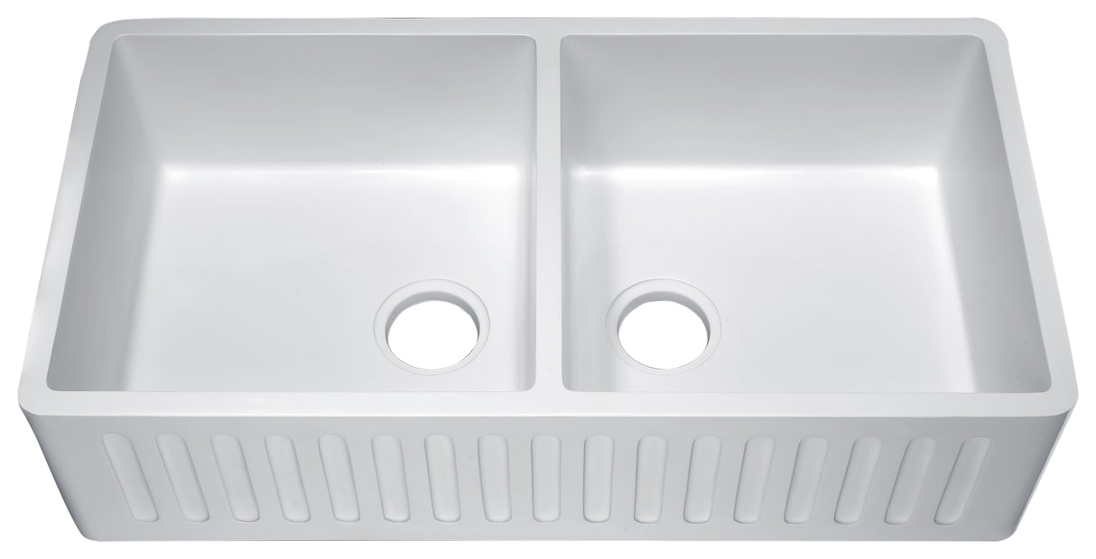 ANZZI K-AZ224-2A Roine Farmhouse Reversible Glossy Solid Surface 35 in. Double Basin Kitchen Sink in White