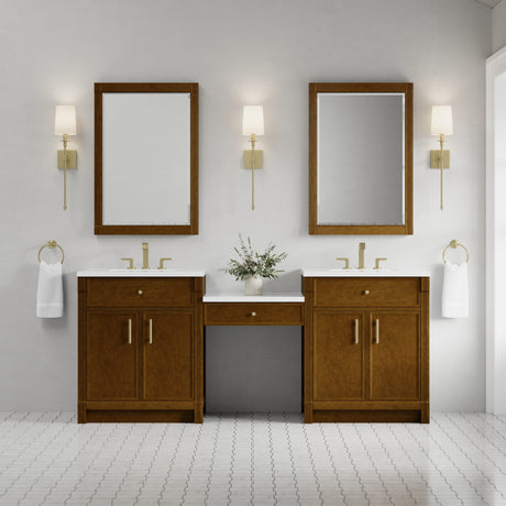 Bellshire 84" Dual Vanity Set with 24" Make-Up Counter, Honey Oak w/3 cm White Zeus Silestone Top