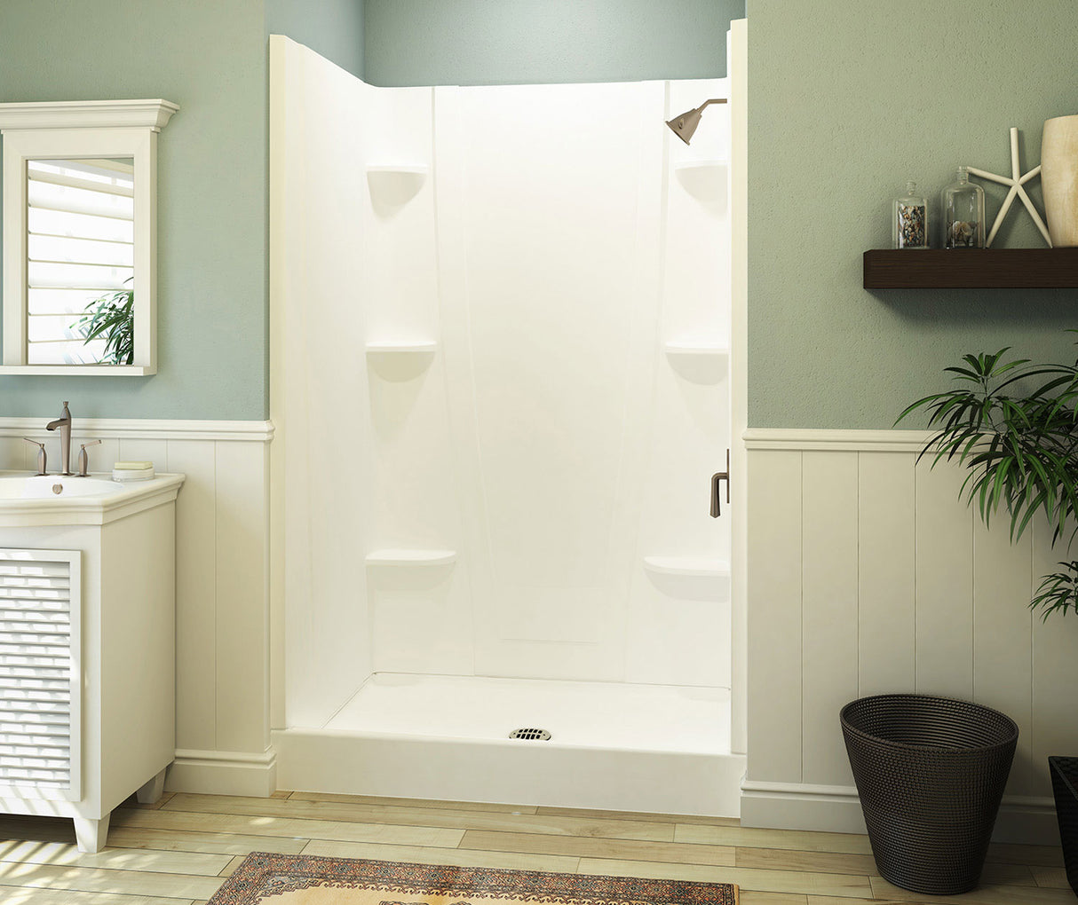 Swanstone VP4834CSA 48 x 34 Solid Surface Alcove Center Drain Four-Piece Shower in White VP4834CSA.010