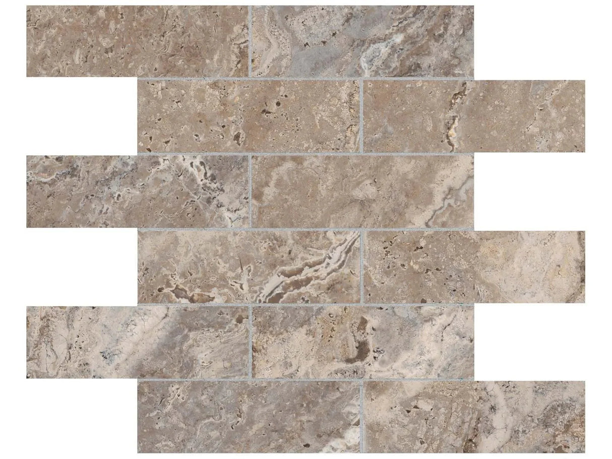Anatolia Tile 2X6 Antico Walnut Matte Porcelain Brick Mosaics. 1 Sheet = .96 Sq. Ft. 4501-0012-0 (63-470) Walnut Brick 2x6 - premium natural stone mosaic tile from Anatolia Tile, available at PoshHaus showroom in Keene, NH