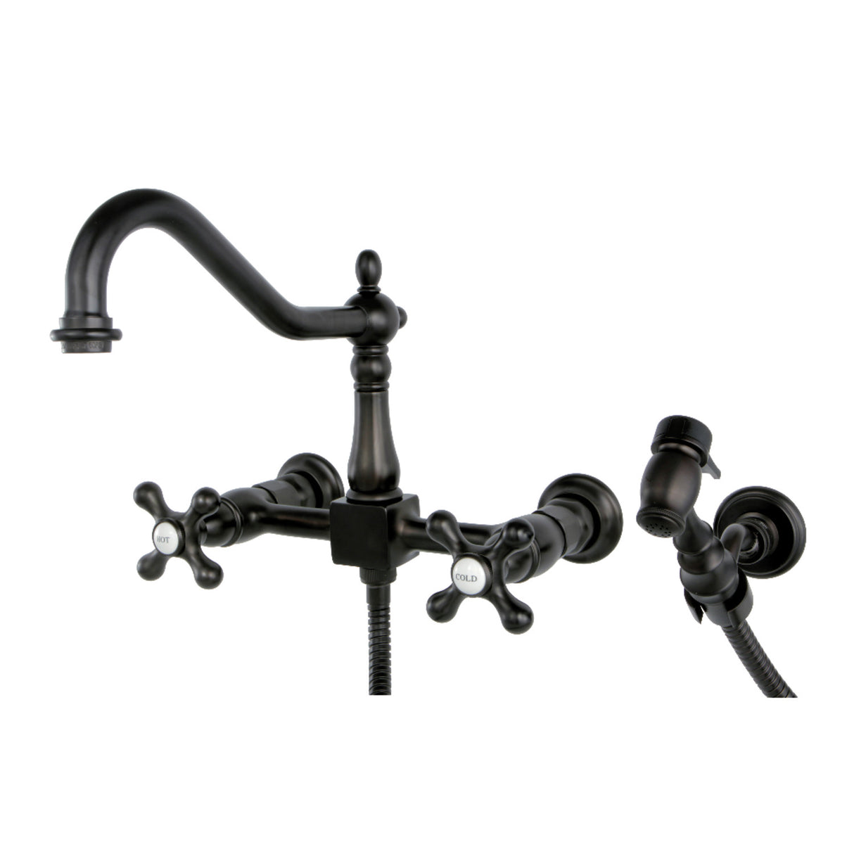 Kingston Brass KS1245AXBS Heritage Wall Mount Bridge Kitchen Faucet with Brass Spray, Oil Rubbed Bronze