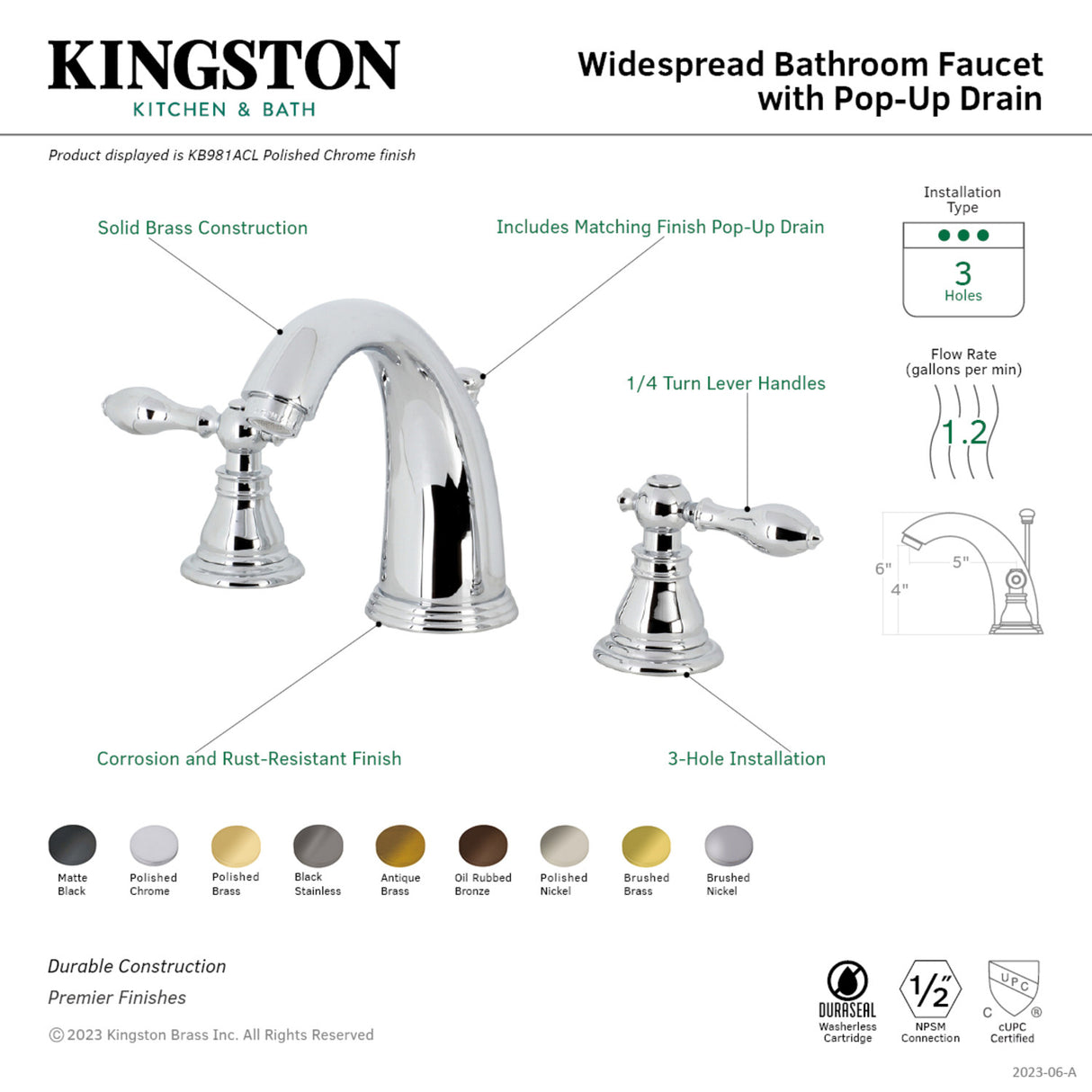 Kingston Brass KB987ACLSB American Classic Widespread Bathroom Faucet with Retail Pop-Up, Brushed Brass