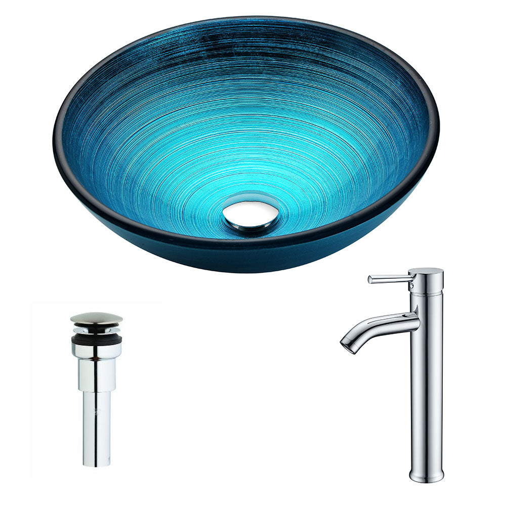 ANZZI LSAZ045-041 Enti Series Deco-Glass Vessel Sink in Lustrous Blue with Fann Faucet in Chrome