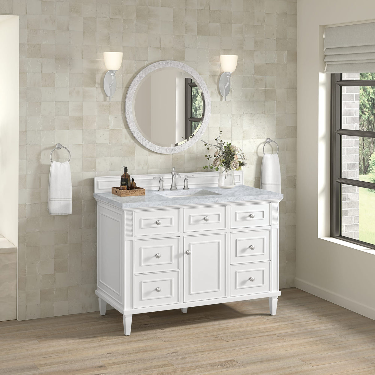 Lorelai 48" Single Vanity, Bright White w/ 3 CM Carrara White Marble Top