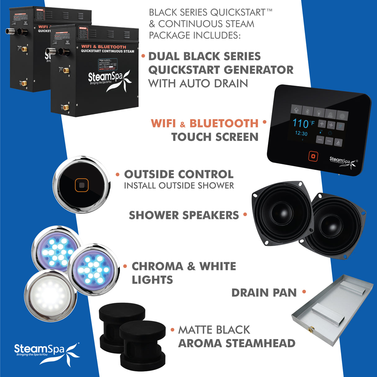 Black Series Wifi and Bluetooth 18kW QuickStart Steam Bath Generator Package in Matte Black BKT1800MK-A