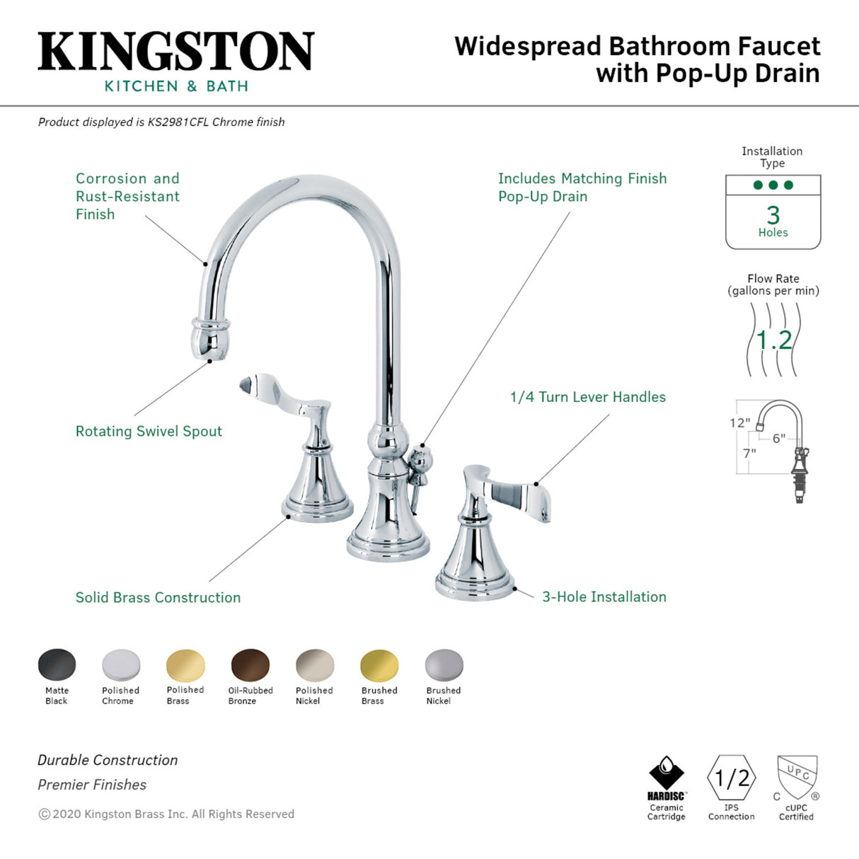 Kingston Brass KS2982CFL Century Widespread Bathroom Faucet with Brass Pop-Up, Polished Brass