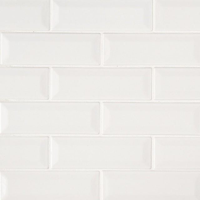 Whisper white beveled 12X12 ceramic mesh mounted mosaic wall tile SMOT-PT-WW-2X6B product shot multiple tiles angle view