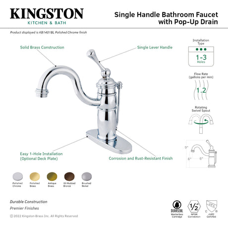 Kingston Brass KB1402BL Victorian Single-Handle Bathroom Faucet with Pop-Up Drain, Polished Brass