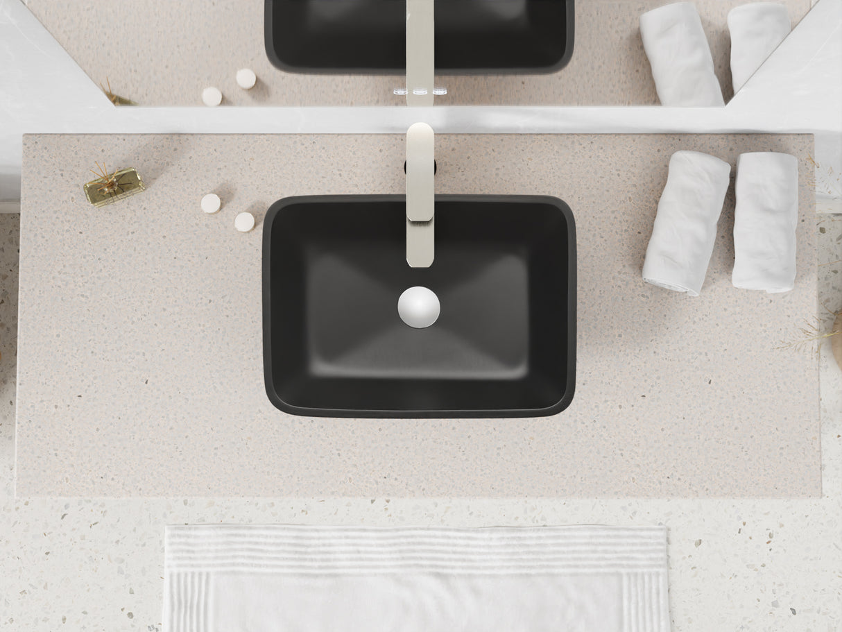 ANZZI LS-AZ911MB Innovio Rectangle Glass Vessel Bathroom Sink with Matte Black Finish Showroom