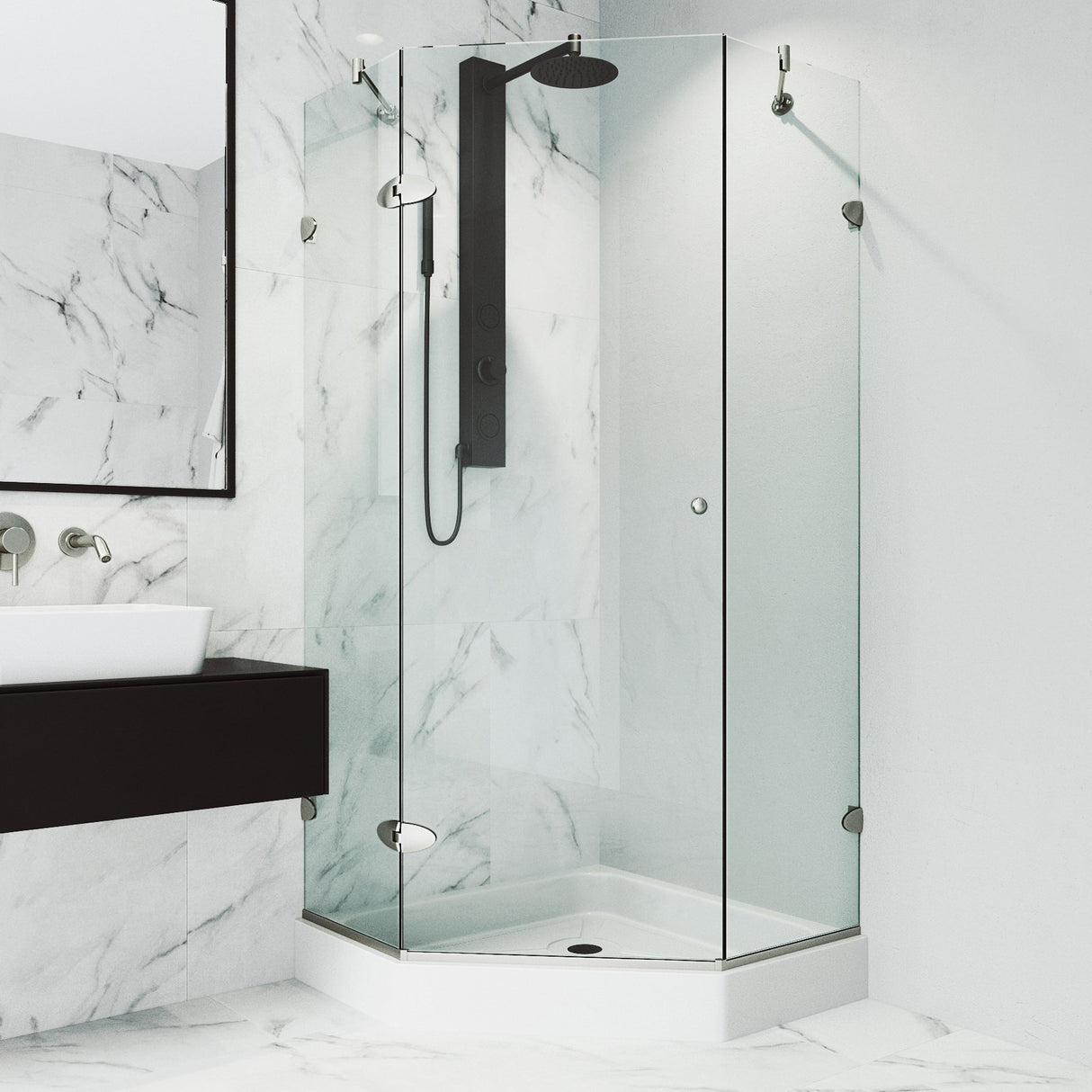 VIGO Verona 40.25 W x 70.375 H Frameless Hinged Shower Enclosure in Brushed Nickel with shower base and handle VG6061BNCL40W