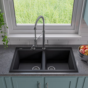 ALFI brand AB3420DI-BLA Black 34" Drop-In Double Bowl Granite Composite Kitchen Sink