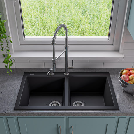 ALFI brand AB3420DI-BLA Black 34" Drop-In Double Bowl Granite Composite Kitchen Sink