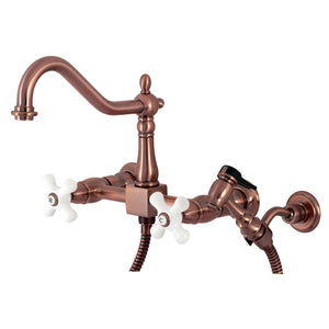 Kingston Brass KS124PXBSAC Heritage Wall Mount Bridge Kitchen Faucet with Brass Spray, Antique Copper