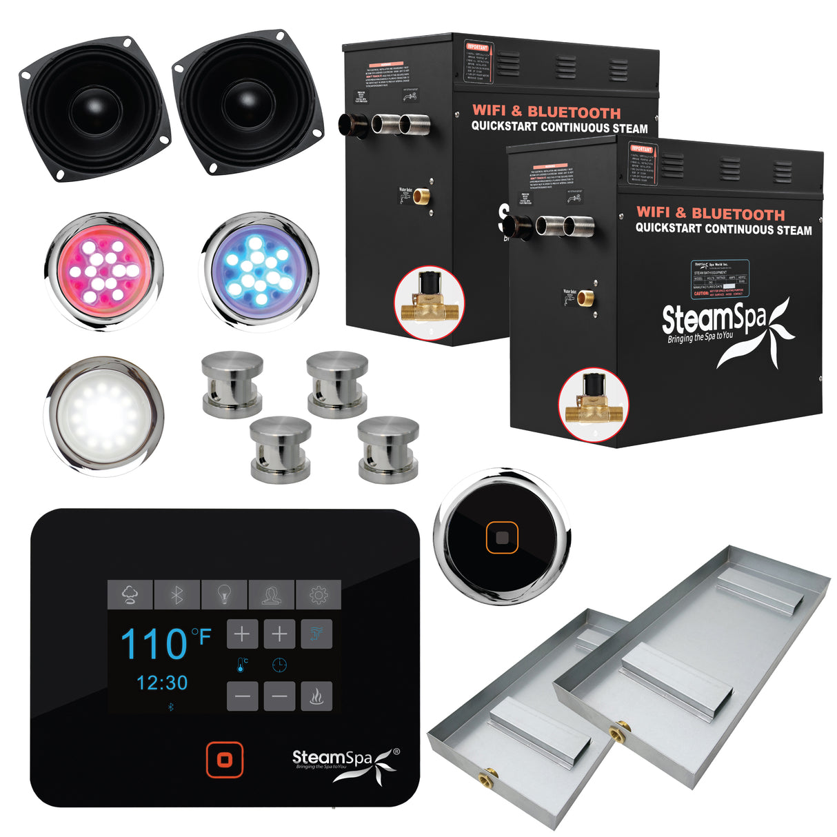 Steam Shower Generator Kit System | Brushed Nickel + Self Drain Combo| Enclosure Steamer Sauna Spa Stall Package|Touch Screen Wifi App/Bluetooth Control Panel |2x 12 kW Raven | RVB2400BN-A RVB2400BN-A