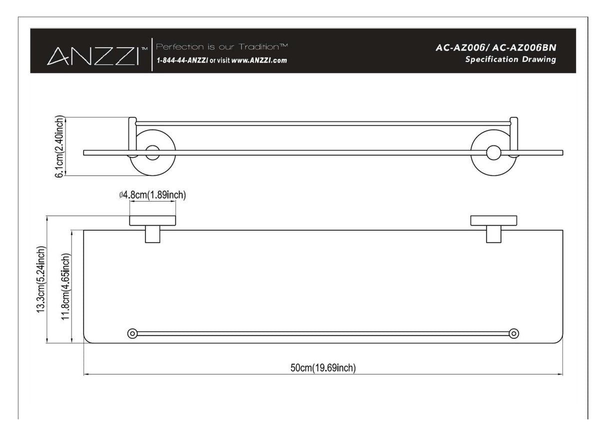 ANZZI AC-AZ006BN Caster Series Glass Shelf in Brushed Nickel
