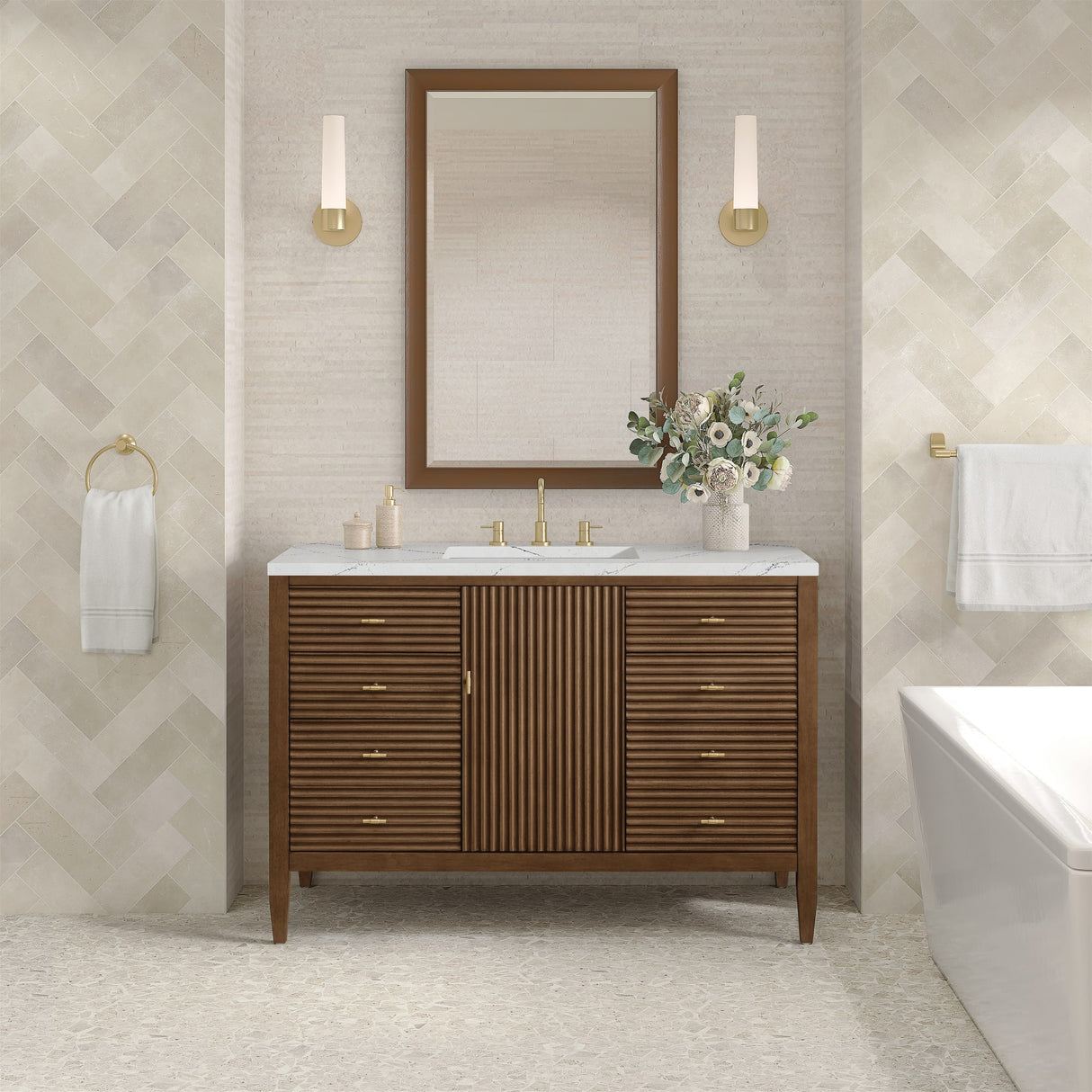 Myrrin 48" Single Vanity, Mid Century Walnut w/ 3 CM Ethereal Noctis Silestone Top